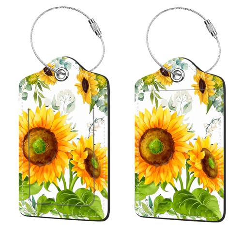 2 Pcs Luggage Tags for Suitcases, PU Leather Cruise Ship Luggage Tags with Privacy Cover Label Address Card and Durable Metal Ring Suitable for Men Women Children Handbags Backpacks,Sunflower - color: Sunflower