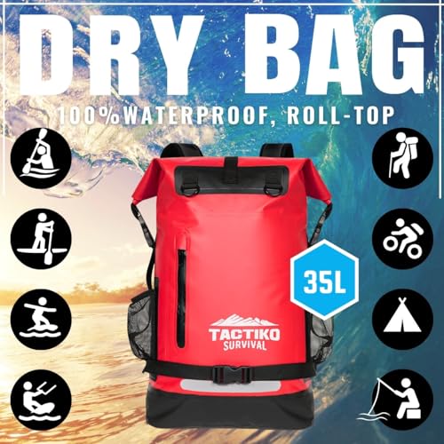 TACTIKO 35L Heavy-Duty 100% Waterproof Backpack, Roll Top Dry Bags for Kayaking, Hiking, Camping, Survival - color: Red