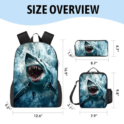 3PCS Shark Print Backpack for Boys Girls Teens, School Backpack with Lunch Box Pencil Case for Elementary Middle High Students, 17 Inch Lightweight Bookpack 3 in 1 Set Back to Shool Gifts for Kids - color: Shark