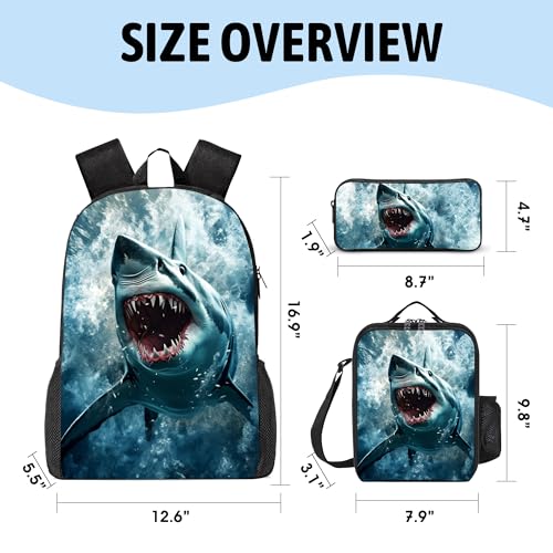 3PCS Shark Print Backpack for Boys Girls Teens, School Backpack with Lunch Box Pencil Case for Elementary Middle High Students, 17 Inch Lightweight Bookpack 3 in 1 Set Back to Shool Gifts for Kids - color: Shark