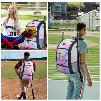 MATEIN Baseball Backpack, Softball Bat Bag with Shoes Compartment for Youth, Boys and Adult, Lightweight Baseball Bag with Fence Hook Hold TBall Bat, Batting Mitten, Helmet, Caps, Teeball Gear - color: Tie Dye, size: 47L