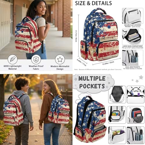 Talayituse American Flag Print 6 Pcs Kids School Backpack Set with Lunch Bag, Pencil Case & Water Bottle Holder, Bookmark & Keychain– for Boys Back-to-School Travel Bapack 4th of July - color: American Flag