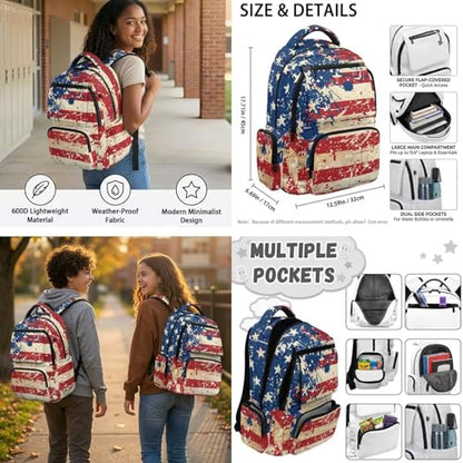 Talayituse American Flag Print 6 Pcs Kids School Backpack Set with Lunch Bag, Pencil Case & Water Bottle Holder, Bookmark & Keychain– for Boys Back-to-School Travel Bapack 4th of July - color: American Flag