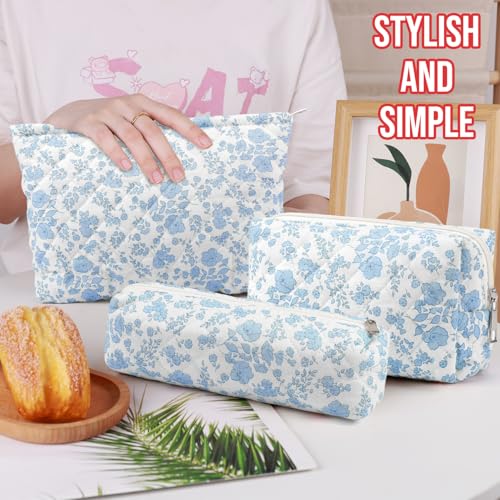 3 Pcs Makeup Bag Cosmetic Bag Set for Girls Women Checkered Travel Organizer Bathroom Toiletry Pouch Large Capacity Storage Bag(Blue Flower) - color: Blue Flower