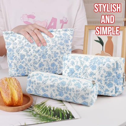 3 Pcs Makeup Bag Cosmetic Bag Set for Girls Women Checkered Travel Organizer Bathroom Toiletry Pouch Large Capacity Storage Bag(Blue Flower) - color: Blue Flower