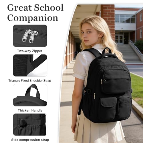 Black Backpack for School Teens Boys Girls, Large Capacity School bag for Men Women, Cute Bookbag for Students, Lightweight College backpack with lots of pockets - color: Black