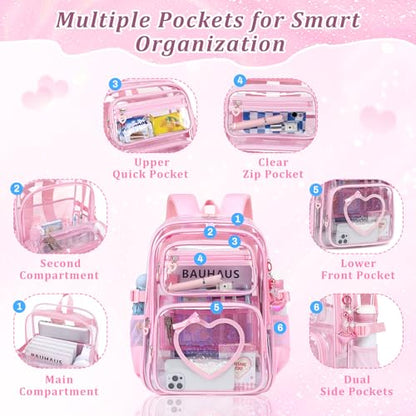 Clear Backpack for School Girls, Cute Heavy Duty PVC Transparent Bookbag, See-Through Bag for Stadium Event Pink - color: Pink