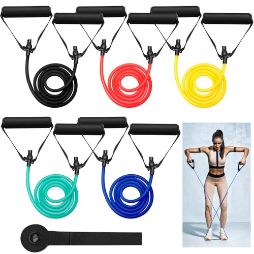 Leyndo 5 Pcs Exercise Resistance Bands with Handles Physical Resistance Tube Workout Bands with Door Anchor for Men Women Muscle Toning Strength Training
