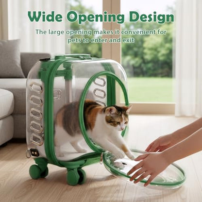 Cat Carrier Backpack with Silent Wheels, Clear Cat Stroller with Ventilation Holes, Telescopic Handle, Convenient Portable Cats Dogs Backpack for Travel (Green-B) - color: Green-B