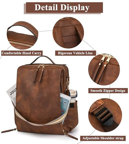 myfriday PU Leather Large Backpack Purse for Women Casual Travel Backpack Convertible Satchel Handbags With Luggage Strap (Dark brown) - color: Dark Brown