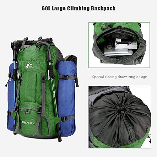 Bseash 60L Waterproof Hiking Camping Backpack with Rain Cover, Large Outdoor Sport Travel Daypack Rucksack for Climbing - color: Green
