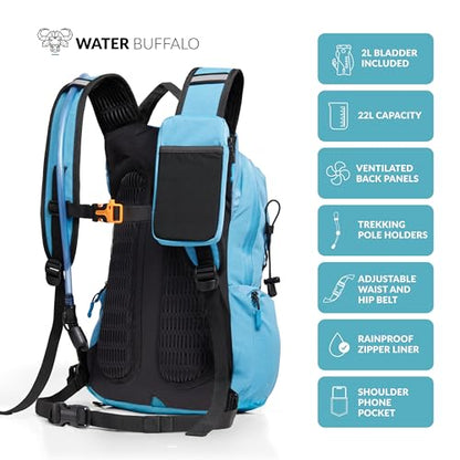 Water Buffalo Hydration Backpack - Sherpa 22L Hiking Backpack with Water Bladder - Water Backpack for Hiking with Waterproof Zippers, Phone & Pole Holders - color: Light Blue