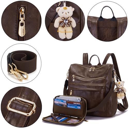 Soperwillton Women Backpack Purse Multipurpose Design Handbags Shoulder Bag PU Leather Travel bag Backpack Set 2pcs - color: Darkcamel