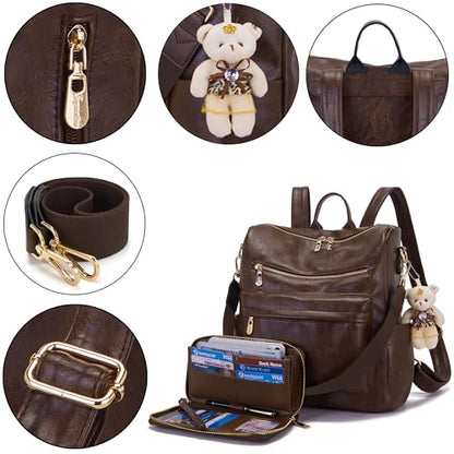 Soperwillton Women Backpack Purse Multipurpose Design Handbags Shoulder Bag PU Leather Travel bag Backpack Set 2pcs - color: Darkcamel