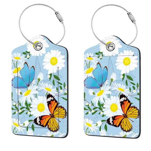 2 Pcs Luggage Tags for Suitcase, Cute Unique PU Leather Travel Bag Tag with Privacy Cover ID Label Address Card and Durable Metal Ring Suitable for Men Women Children Backpack,Butterflies and Flowers - color: Butterflies and Flowers