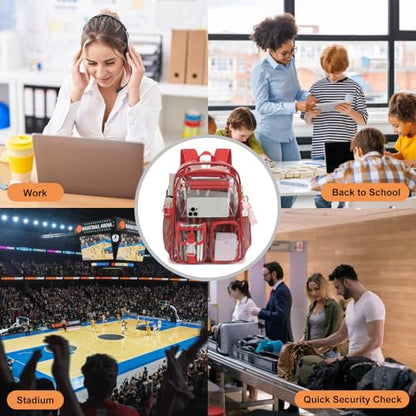 Clear Backpack Heavy Duty Transparent Backpacks Stadium Approved for School Work Sport Travel (Red) - color: Red