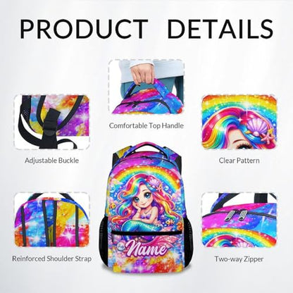 School Backpack for Girls Personalized Mermaid Bookbag - Custom Kids School Bag with Name, Large Capacity Daypack for Preschool, Kindergarten, Elementary (17 Inch) - color: Blue