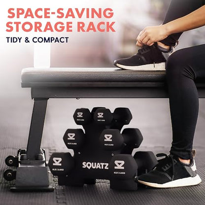 SQUATZ Dumbbell Weights Set with Stand, 32lbs Neoprene Coated Weights in Color Gray, Black, and Orange, Hex Shape Anti Slip and Roll Dumbbells for Exercise, Training, Fitness, Yoga - color: Black
