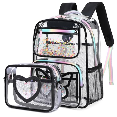 Clear Backpack for Girls,Transparent Backpacks Crossbody Bag for Kids Heavy Duty See Through School Bag Clear Bookbag (Black1, Large) - color: Black1
