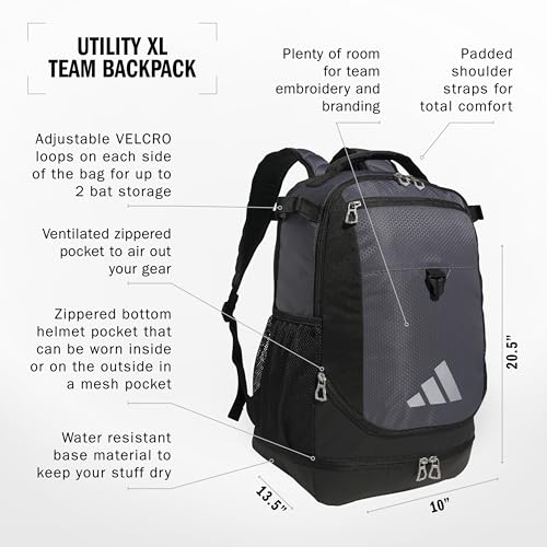 adidas Utility XL Baseball Backpack – Helmet, Shoes, Bat Storage, 34L - color: Onix Grey/Black