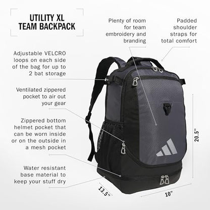 adidas Utility XL Baseball Backpack – Helmet, Shoes, Bat Storage, 34L - color: Onix Grey/Black