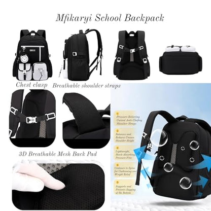 Mfikaryi Kids Backpack for Girls Boys, Teens School Backpack Multi-pocket Bookbag - color: Black