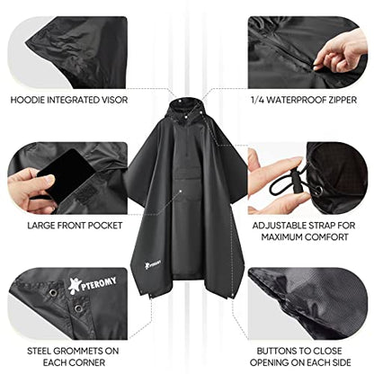 PTEROMY 3-in-1 Hooded Rain Poncho for Adult with Pocket, Waterproof Lightweight Unisex Raincoat for Hiking Camping Emergency - color: Black 1/4 Zipper