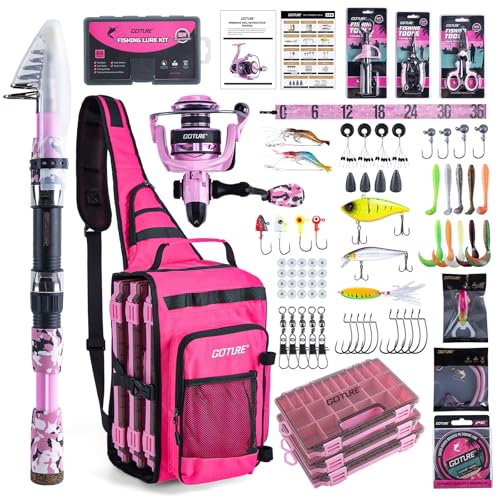 Goture Pink Fishing Rod and Reel Combo - ML Action Spinning Reel Pole with Pink Bag - Telescopic Rod Kit for Starter Travel Saltwater Freshwater, Gift for Woman - color: Pink Pole - Sling Bag with 3600 Trays, size: 8FT/2.4M