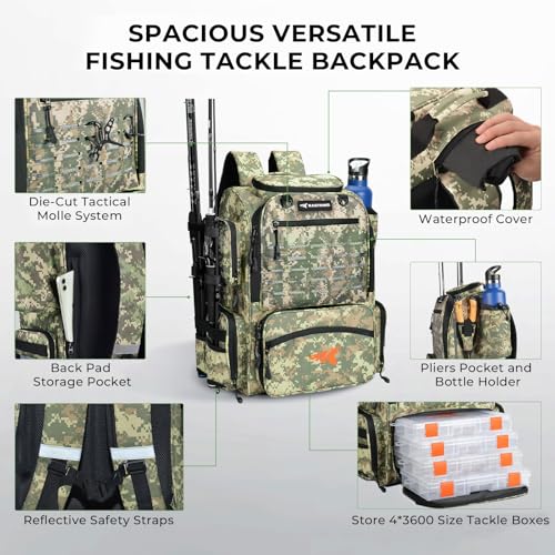KastKing Bait Boss Fishing Tackle Backpack with Rod Holders-4 Tackle Boxes-Rain Cover,Storage for Fishing Gear - color: D: Dark Green Camouflage