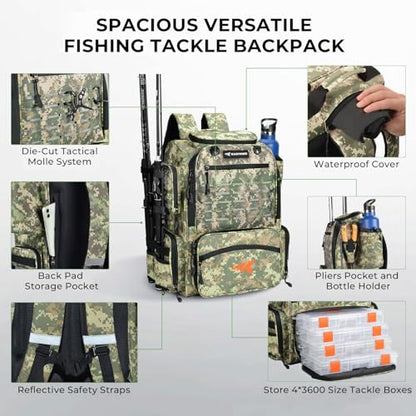 KastKing Bait Boss Fishing Tackle Backpack with Rod Holders-4 Tackle Boxes-Rain Cover,Storage for Fishing Gear - color: D: Dark Green Camouflage