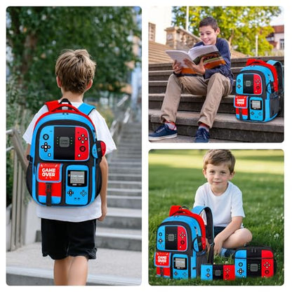 Gamer Backpack for Boys, 4pcs Gaming Boys Backpack with Lunch Box and Pencil Case for Kids, Video Gamer School Bags - color: Red and Blue