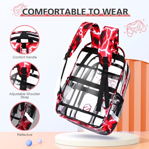 DIGOBAY 3PCS Cool Luminous Clear Backpack for Boys Kids, Gamer Clear Bookbag for School, See Through PVC Transparent Backpacks with Lunch Bag Pencil Case, Backpack Heavy Duty for School Stadium - color: Red Lightning