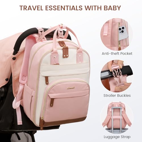 LOVEVOOK Diaper Bag Backpack, Baby Bag with Changing Pad, Large Diaper Backpack Boy Girl, Waterproof Baby Registry Bag for Mom Dad with Stroller Buckles, Pink-beige-brown - color: Pink-beige-brown