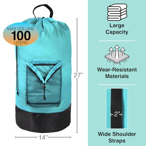 Turquoise Laundry Backpack with Mesh Pocket, Adjustable Straps and Drawstring Closure - Large Portable Hamper for College, Apartment and Laundromat - color: Turquoise