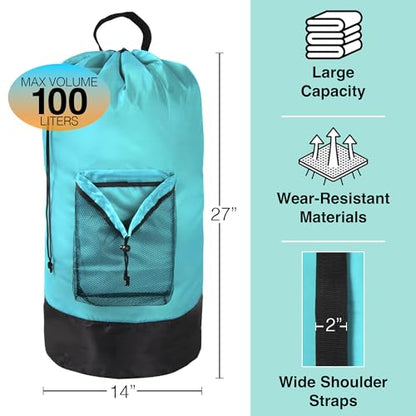 Turquoise Laundry Backpack with Mesh Pocket, Adjustable Straps and Drawstring Closure - Large Portable Hamper for College, Apartment and Laundromat - color: Turquoise