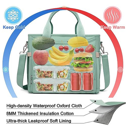 AIJIEKE Large Insulated Lunch Bag for Men Women, Leakproof Work Lunch Box | Keeps food fresh 8-12 hours. Spacious multi-pocket design with a removable strap. Water-resistant and easy-wipe interior - color: Green
