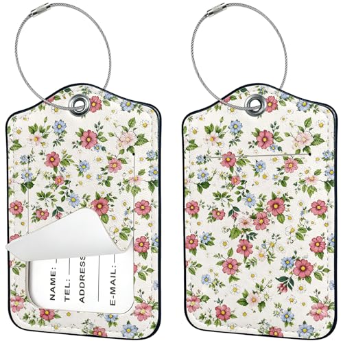 2 PCS Luggage Tags for Suitcases,Cute Colorful Flowers PU Leather Name Tag with Privacy Cover&ID Label Address Card and Durable Metal Ring Suitable for Men Women Travel Bag - color: Colorful Flowers