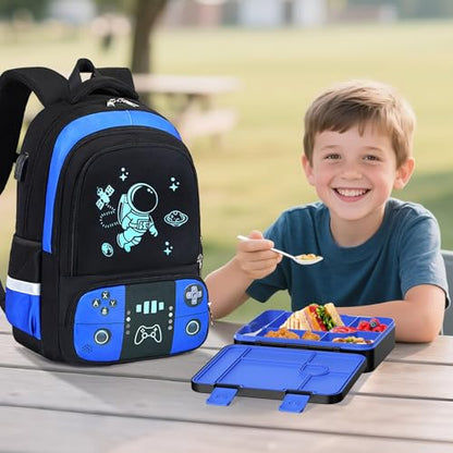 Bevalsa Backpack for Boys with 43OZ Bento Lunch Box,Insulated Lunch Bag & Pencial Case,Cool Luminous Gamer Schoolbag for Kids Teens Elementary Middle School,Bookbag Glow In The Dark - color: Blue Astronaut, style: Backpack With 43oz Bento Box