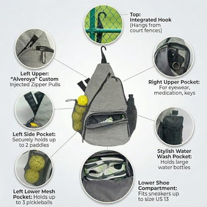 Pickleball Sling Bag with Shoe Compartment - Crossbody Backpack Fits 2 Paddles, 32oz Bottle & Fence Hook, Sports Bag for Men & Women (Shoe Limit: up to US Men's 10 / Women's 11.5) - color: Heather Gray