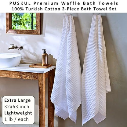 PÜSKÜL 2-Piece White Waffle Bath Towels for Bathroom | Natural 100% Turkish Cotton Towel | Soft Absorbent Quick-Dry Lightweight 32x63 Extra Large Turkish Bath Sheet (White Bath Towels - Pack of 2) - color: White