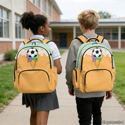 Suobstales Soccer Ice Cream Drip Print 17 Inch Kids Backpack Lightweight Backpack Schoolbag for Boys Girls, Large Capacity Bookbag Daypack with Adjustable Padded Straps for Middle High School College - color: Soccer Ice Cream Drip
