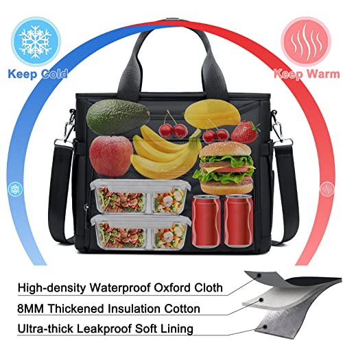 AIJIEKE Large Insulated Lunch Bag for Men Women, Leakproof Work Lunch Box | Keeps food fresh 8-12 hours. Spacious multi-pocket design with a removable strap. Water-resistant and easy-wipe interior - color: Black