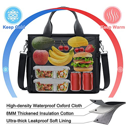 AIJIEKE Large Insulated Lunch Bag for Men Women, Leakproof Work Lunch Box | Keeps food fresh 8-12 hours. Spacious multi-pocket design with a removable strap. Water-resistant and easy-wipe interior - color: Black