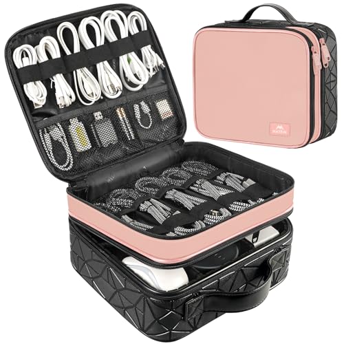 MATEIN Cord Organizer Case with Adjustable Divider, DJ Cable File Bag for DJ Gear, Sound Instrument and Music Equipment Accessories, Shockproof Portable Double Layer Cord Bags, Pink - color: Pink, size: Medium