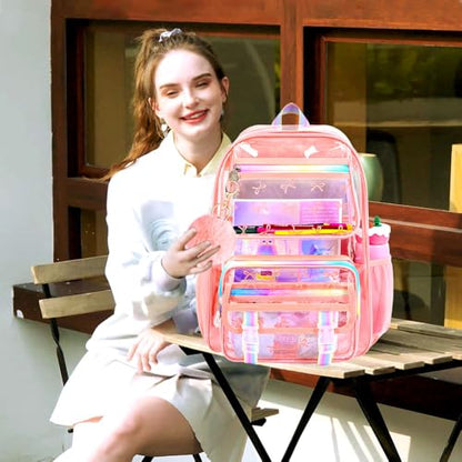 KLFVB 3PCS Clear Bookbag for Girls Heavy Duty, See Through School Backpack Set, Cute Transparent Bag for Women - Bow Pink - color: Bow Pink Clear Backpack