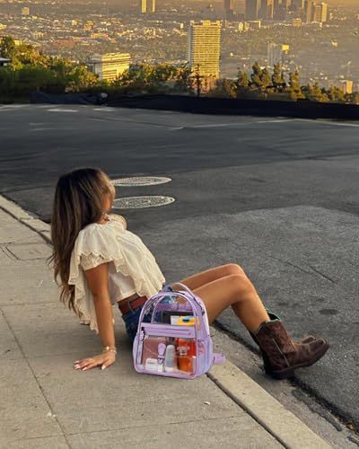 FADEON Clear Small Backpack Purse for Women, Designer Transparent Shoulder Handbag, PVC Mini Clear Bag for Stadium Approved - color: Purple Retro Style