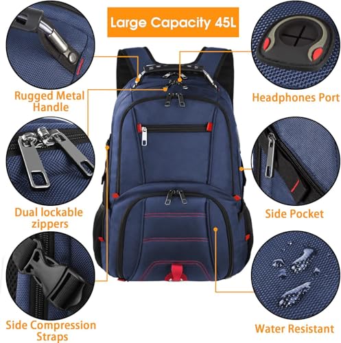 LTINVECK Extra Large 50L Travel Laptop Backpack, Computer bag Backbag, TSA Friendly Durable Big RFID Heavy Duty Business Tech Backpack Fits 17 Inch Laptops for Men Women, Blue - color: Full Blue