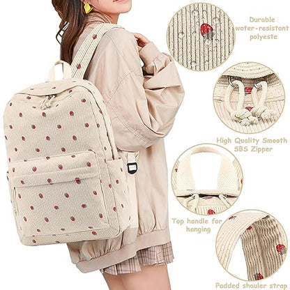Bluboon School Backpack Set Girls Womens Laptop Bookbag Casual Daypack Fits 15 inch Laptop with Lunch Tote Bag and Pencil Bag - color: Corduroy-strawberry Khaki