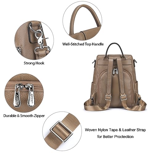 S-ZONE Leather Backpack Purses for Women Antitheft Rucksack Shoulder Bag Medium - color: Khaki