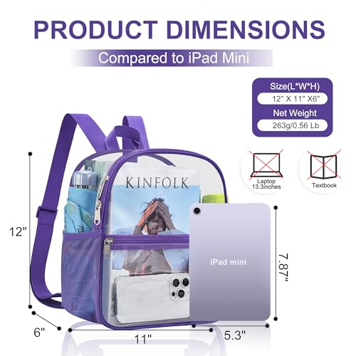 Oraben Clear Backpack Stadium Approved, 12 x 6 x 11 in, Small Transparent Backpack for Concerts, Sports Events, Festivals, Travel, Waterproof PVC, Adjustable Straps, Women Men - color: Purple, style: Nylon Shoulder Straps